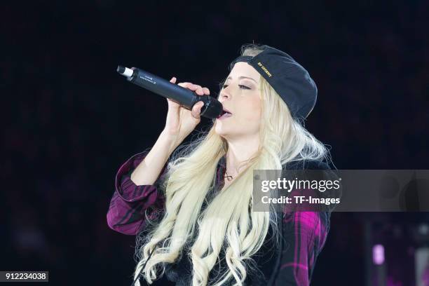 Mia Julia Brueckner sings during the JOKA Biathlon World Team Challenge at Veltins-Arena on December 28, 2017 in Gelsenkirchen, Germany.