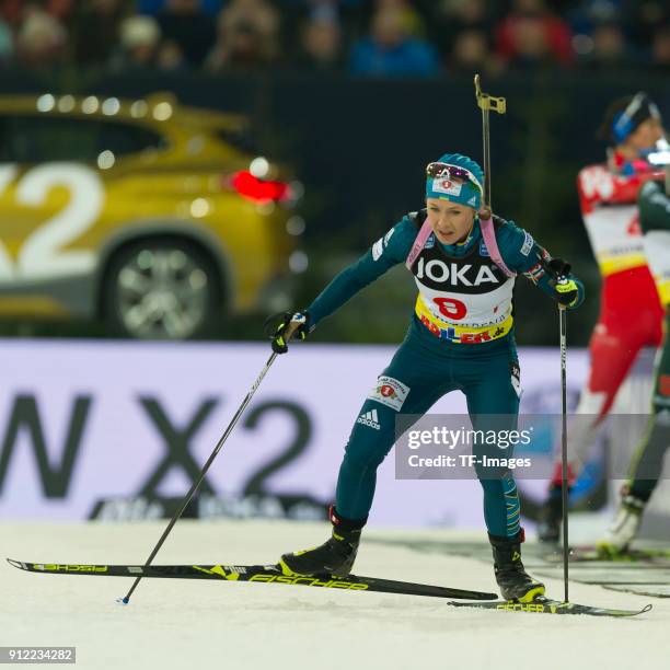 Yulia Dzhima of Ukraine skates during the JOKA Biathlon World Team Challenge at Veltins-Arena on December 28, 2017 in Gelsenkirchen, Germany.