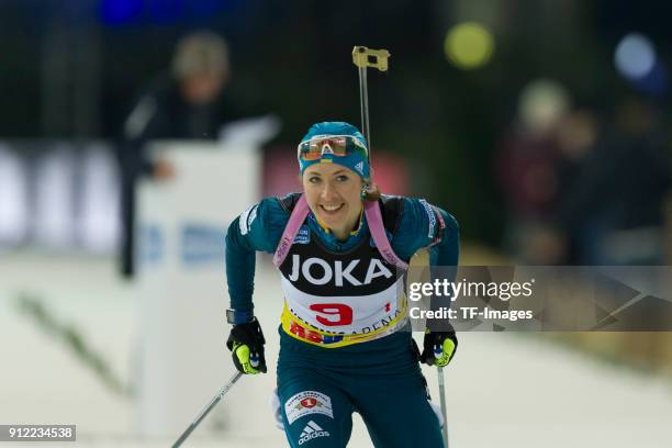 Yulia Dzhima of Ukraine skates during the JOKA Biathlon World Team Challenge at Veltins-Arena on December 28, 2017 in Gelsenkirchen, Germany.