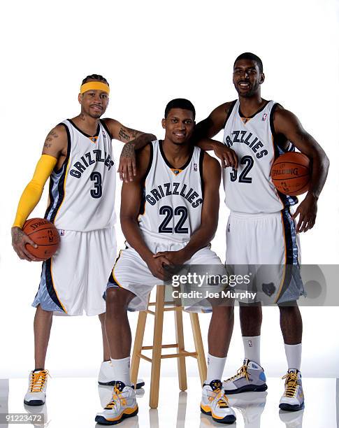 Allen Iverson, Rudy Gay and O.J. Mayo of the Memphis Grizzlies pose for a portrait during NBA Media Day on September 28, 2009 at the FedExForum in...