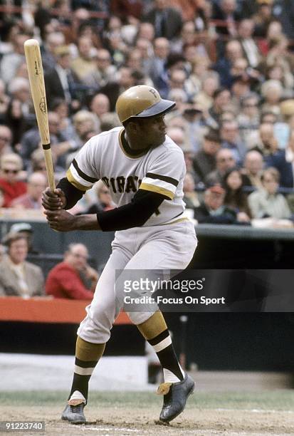 Outfielders Roberto Clemente of the Pittsburgh Pirtates at the plate ready to hit against the Baltimore Orioles during the World Series October 1971...