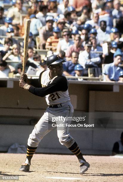 Outfielder Roberto Clemente Pittsburgh Pirates is ready to hit, waiting on the pitch during a MLB baseball game circa mid 1960's. Clemente' Played...