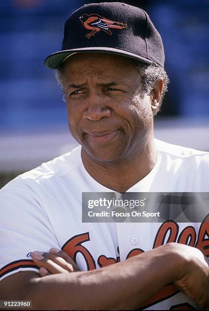 Manager Frank Robinson of the Baltimore Orioles on the field before a MLB baseball game circa early 1990's. Robinson Managed the Orioles from 1988-91.