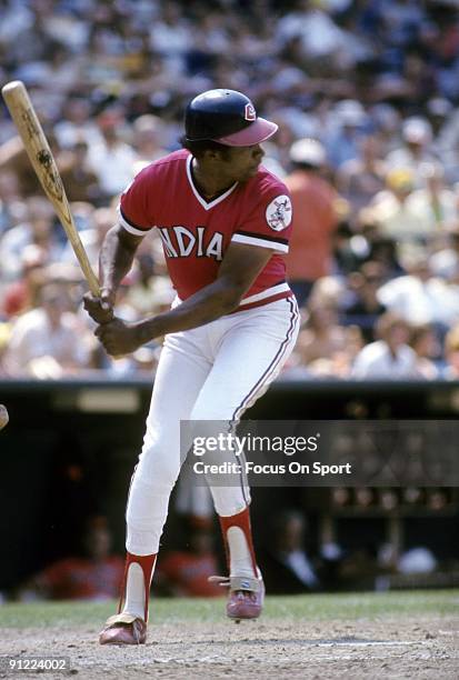 S: Player/Manager Frank Robinson of the Cleveland Indians at the plate ready to hit during a circa mid 1970's Major League Baseball game at Cleveland...