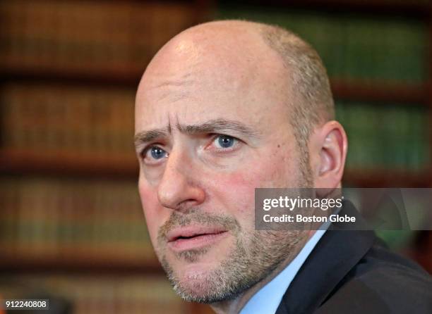 Newly appointed U.S. Attorney Andrew Lelling speaks with reporters for the first time at the Moakley Federal Courthouse in Boston on Jan. 24, 2018.