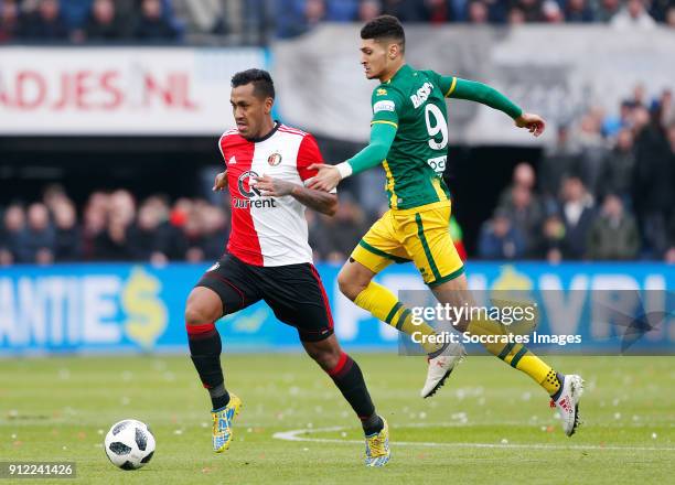 Renato Tapia of Feyenoord, Bjorn Johnsen of ADO Den Haag during the Dutch Eredivisie match between Feyenoord v ADO Den Haag at the Stadium Feijenoord...