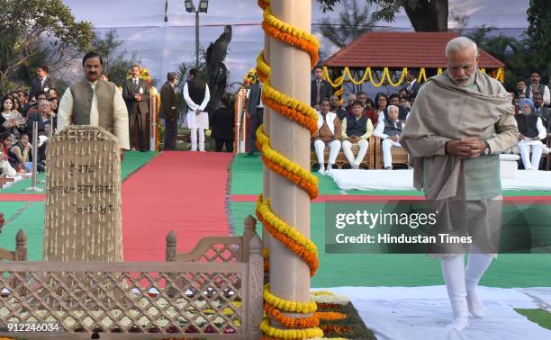 Prime Minister Narendra Modi pays homage to Mahatma Gandhi, on his 70th death anniversary, also observed as Martyrs' Day, at Gandhi Smriti, on...