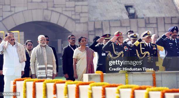 Vice president M. Venkaiah Naidu, Prime Minister Narendra Modi, Defence minister Nirmala Sitharaman and, three services Army Chief, Navy chief and...