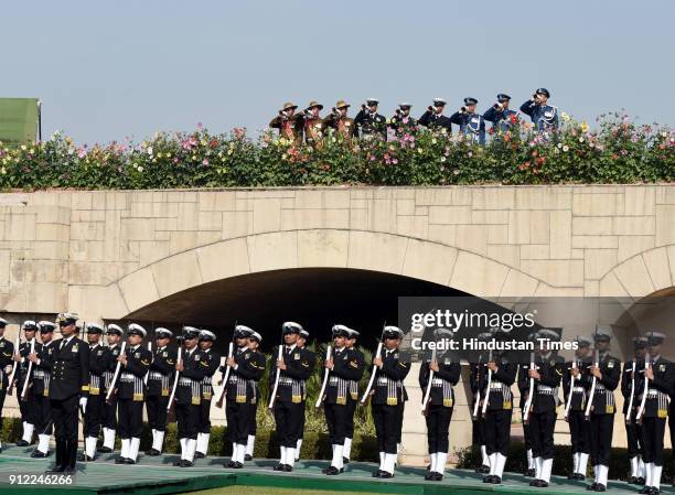 Tri-Services bands pay homage to Mahatma Gandhi at Rajghat on his 70th death anniversary, also observed as Martyrs' Day on January 30, 2018 in New...