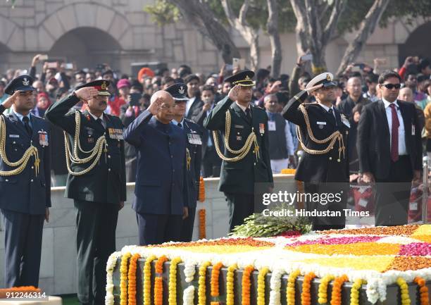 President Ram Nath Kovind pays homage to Mahatma Gandhi on his 70th death anniversary, also observed as Martyrs' Day, at Rajghat on January 30, 2018...