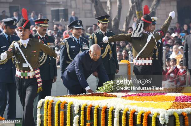 President Ram Nath Kovind pays homage to Mahatma Gandhi on his 70th death anniversary, also observed as Martyrs' Day, at Rajghat on January 30, 2018...