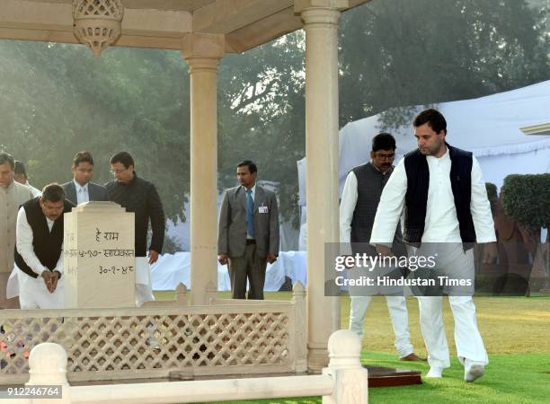 Congress President Rahul Gandhi arrives to pay homage to Mahatma Gandhi on his 70th death anniversary, also observed as Martyrs' Day, at Gandhi...