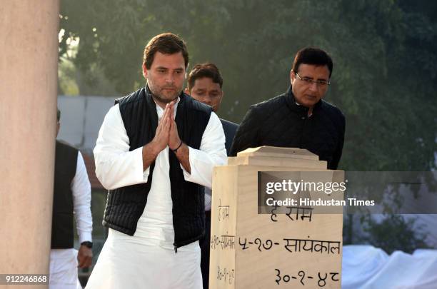 Congress President Rahul Gandhi arrives to pay homage to Mahatma Gandhi on his 70th death anniversary, also observed as Martyrs' Day, at Gandhi...