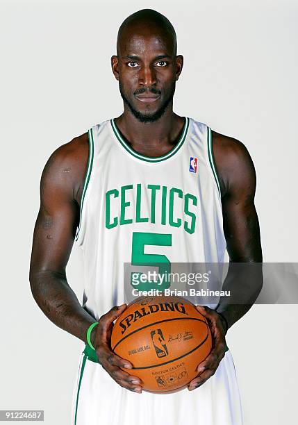 Kevin Garnett of the Boston Celtics poses for a portrait during the 2009 NBA Media Day on September 28, 2009 at Healthpoint in Waltham,...