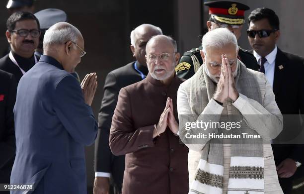 President Ram Nath Kovind, Prime Minister Narendra Modi with Lt Governor of Delhi Anil Baijal attend an all religion prayer meeting to pay homage to...