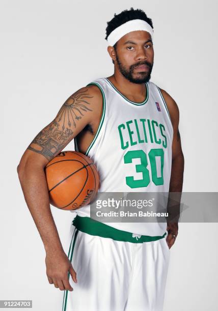 Rasheed Wallace of the Boston Celtics poses for a portrait during the 2009 NBA Media Day on September 28, 2009 at Healthpoint in Waltham,...