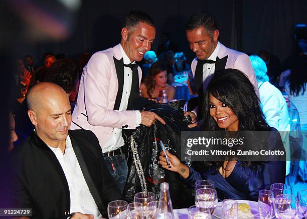 Janet Jackson, Dean and Dan Caten attend amfAR Milano 2009 Dinner, the Inaugural Milan Fashion Week event at La Permanente on September 28, 2009 in...