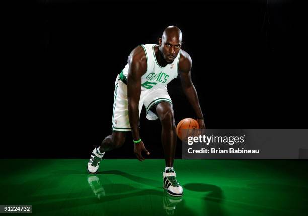 Kevin Garnett of the Boston Celtics poses for a portrait during the 2009 NBA Media Day on September 28, 2009 at Healthpoint in Waltham,...