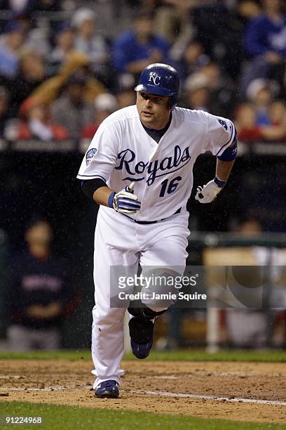 Billy Butler of the Kansas City Royals runs to first base against the Boston Red Sox during the game on September 21, 2009 at Kauffman Stadium in...