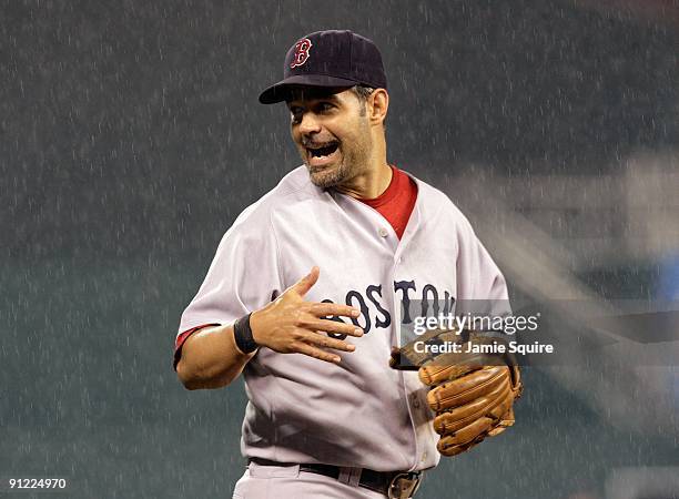 Mike Lowell of the Boston Red Sox reacts during the game against the Kansas City Royals on September 21, 2009 at Kauffman Stadium in Kansas City,...