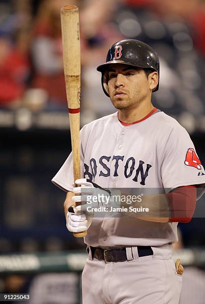 Jacoby Ellsbury of the Boston Red Sox gets ready to bat against the Kansas City Royals during the game on September 21, 2009 at Kauffman Stadium in...