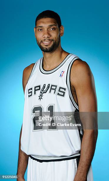 Tim Duncan of the San Antonio Spurs poses for a portrait during NBA Media Day on September 28, 2009 at the Spurs Training Facility in San Antonio,...