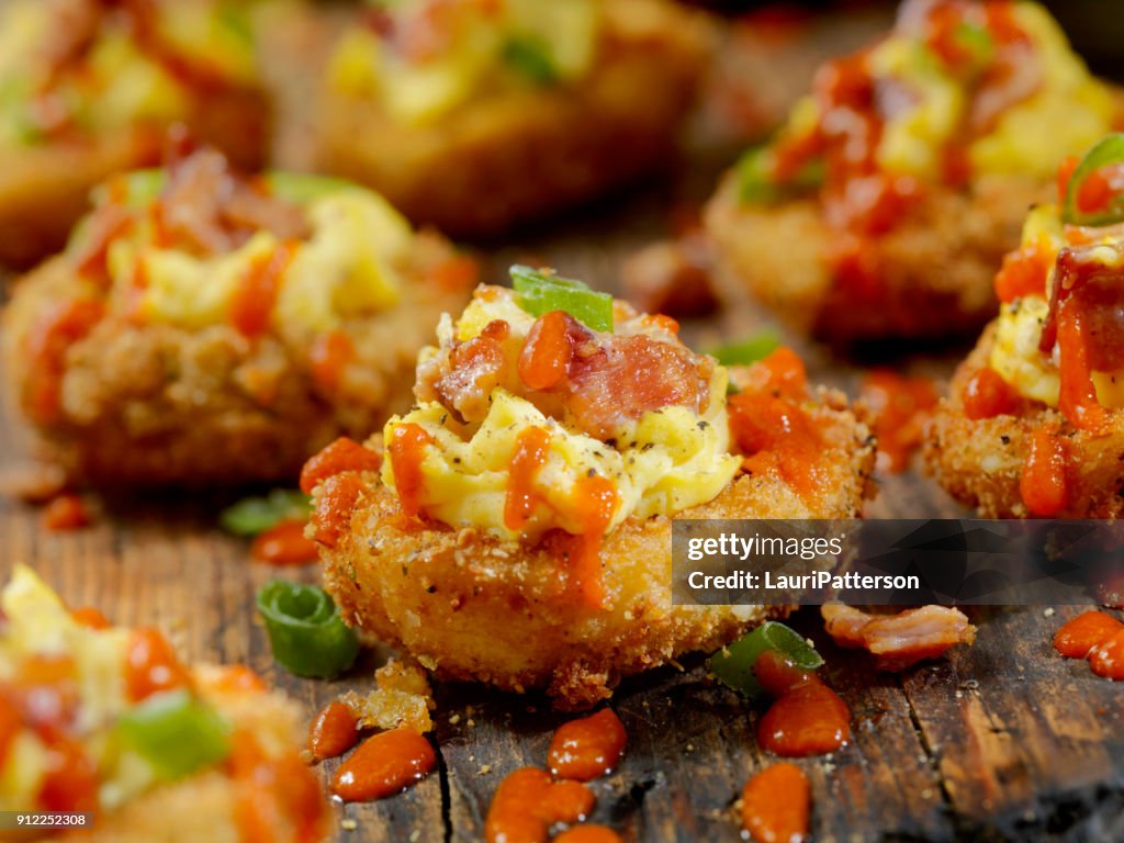 Deep Fried Deviled Eggs with Sriracha,Bacon and Green Onions
