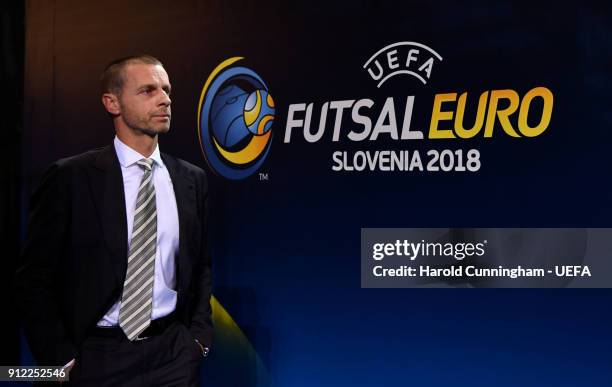 President Aleksander Ceferin ahead of the UEFA Futsal EURO 2018 Group A match between Slovenia and Serbia at the Arena Stozice on January 30, 2017 in...