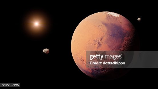 Planet Mars With It Moons Phobos And Deimos High Res Stock Photo planet-mars-with-it-moons-phobos-and-deimos-high-res-stock-photo