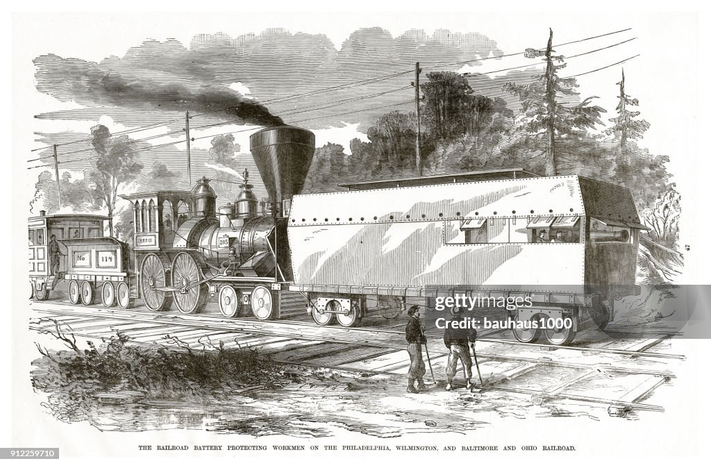 Railroad Battery Protecting Workmen on the Philadelphia, Wilmington and Baltimore and Ohio Raiulroad American Civil War Engraving