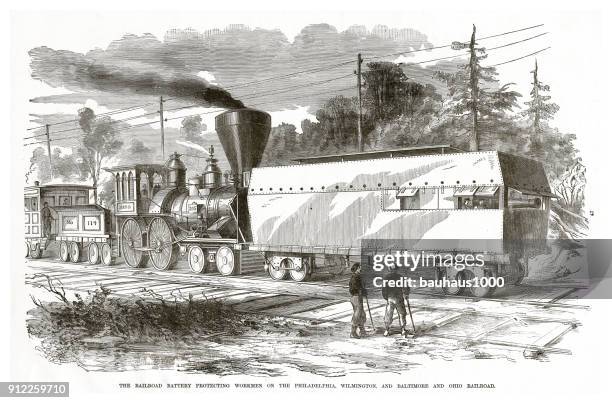 railroad battery protecting workmen on the philadelphia, wilmington and baltimore and ohio raiulroad american civil war engraving - wilmington ohio stock illustrations