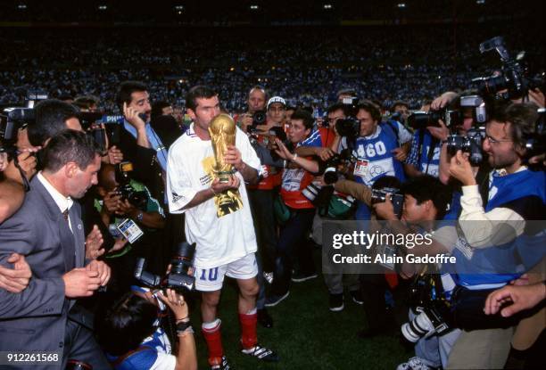 Zinedine Zidane of France celebrates the victory during the Soccer World Cup Final between Brazil and France on July 12 1998 in Paris Saint Denis,...