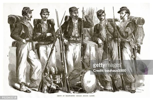 stockillustraties, clipart, cartoons en iconen met groep van ellsworth van chicago zocave cadets burgeroorlog gravure - 1860s men