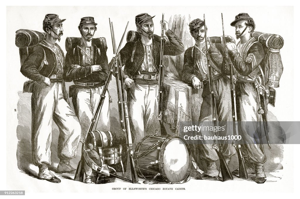 Grupo de Chicago de Ellsworth Zocave cadetes Guerra Civil gravura