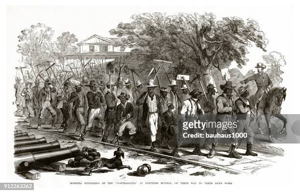 morning mustering of the "contrabands" at fortress monroe, on their way to their day's work civil war engraving - civil war stock illustrations