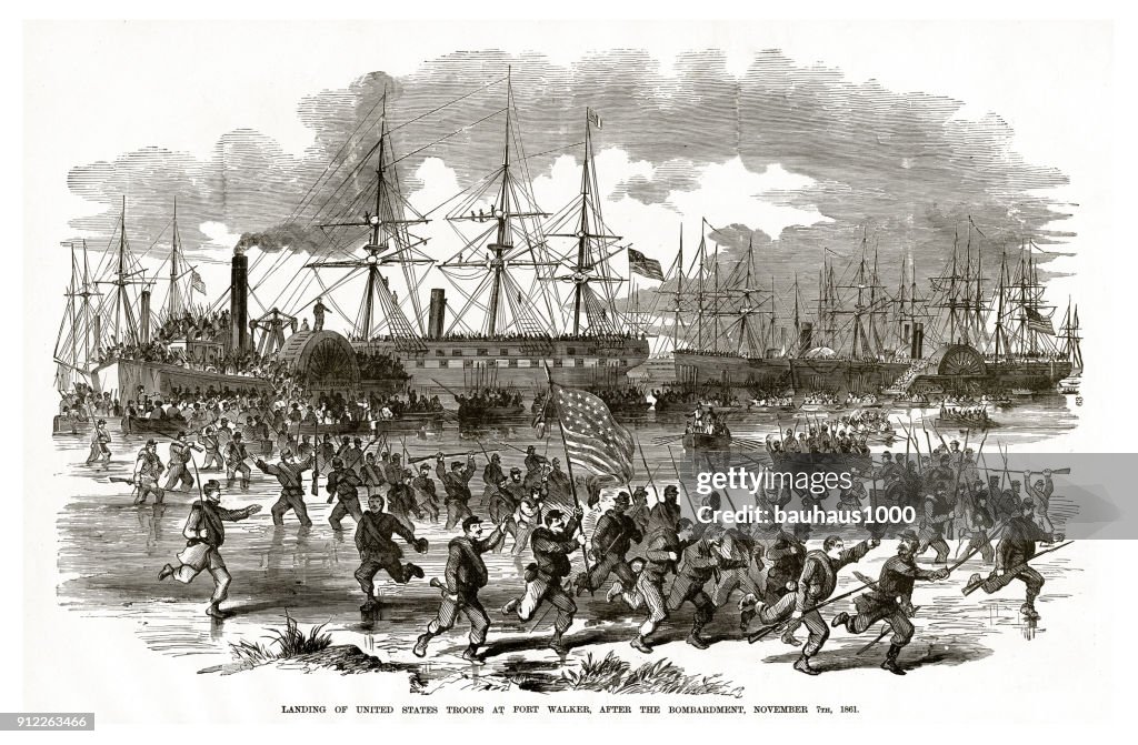 Landing of United States Troops at Fort Walker After the Bombardment, November 7, 1861 Civil War Engraving