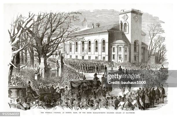 the funeral cortege at boston, massachusetts of the soldiers killed at baltimore civil war engraving - civil war illustration stock illustrations