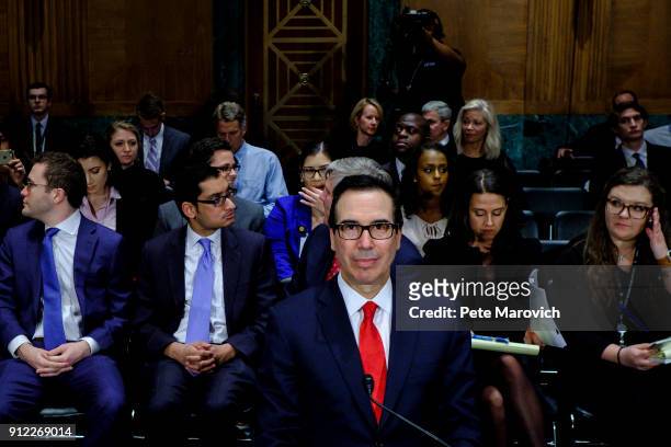 Treasury Secretary Steven Mnuchin prepares to deliver the annual financial stability report to the Senate Banking, Housing and Urban Affairs...