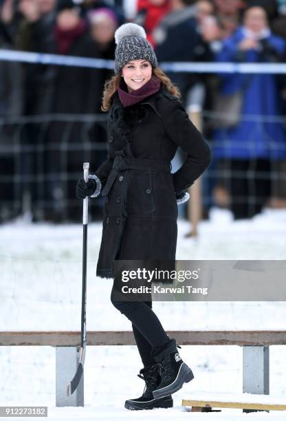 Catherine, Duchess of Cambridge attends a Bandy hockey match where they will learn more about the popularity of the sport during day one of their...