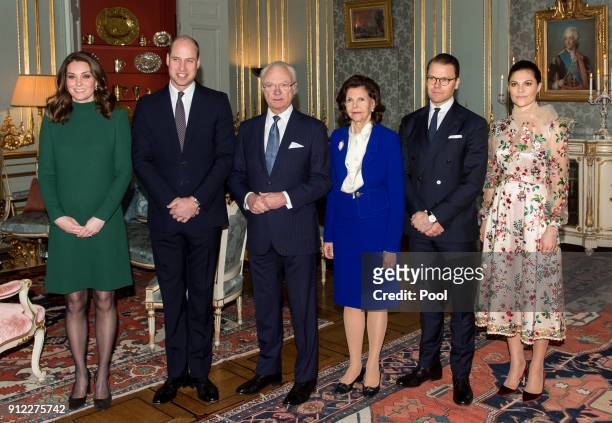 Catherine, Duchess of Cambridge and Prince William, Duke of Cambridge pose with King Carl XVI Gustaf of Sweden, Queen Silvia of Sweden, Prince...