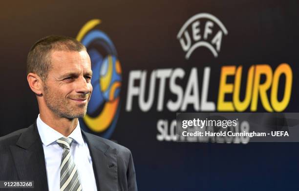 President Aleksander Ceferin ahead of the UEFA Futsal EURO 2018 Group A match between Slovenia and Serbia at the Arena Stozice on January 30, 2017 in...