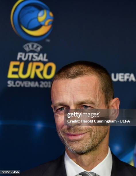 President Aleksander Ceferin ahead of the UEFA Futsal EURO 2018 Group A match between Slovenia and Serbia at the Arena Stozice on January 30, 2017 in...