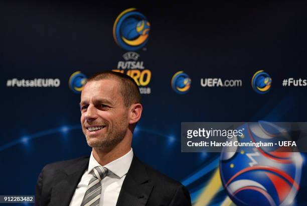 President Aleksander Ceferin ahead of the UEFA Futsal EURO 2018 Group A match between Slovenia and Serbia at the Arena Stozice on January 30, 2017 in...
