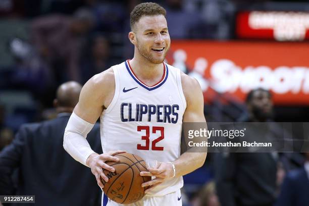 Blake Griffin of the LA Clippers reacts during a game against the New Orleans Pelicans at the Smoothie King Center on January 28, 2018 in New...