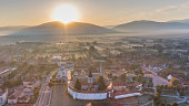 sunrise in Prejmer village. Brasov, Romania