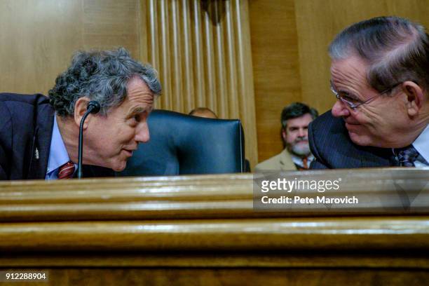 Ranking member Sherrod Brown and Senator Bob Menendez confer during a hearing where Treasury Secretary Steven Mnuchin delivered the annual financial...