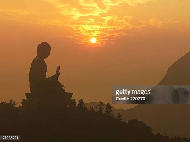 statua di buddha in tramonto silhouette - tian tan buddha foto e immagini stock
