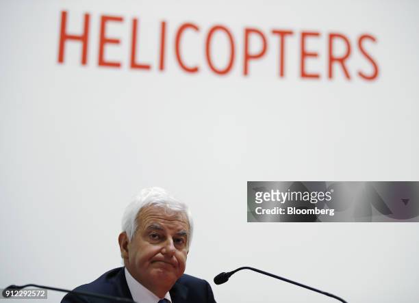 Alessandro Profumo, chief executive officer of Leonardo SpA, listens at a news conference during an investor day at a Leonardo plant in Vergiate,...