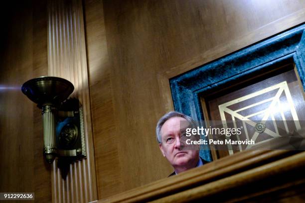 Committee Chairman Mike Crapo listens as Treasury Secretary Steven Mnuchin delivers the annual financial stability report to the Senate Banking,...