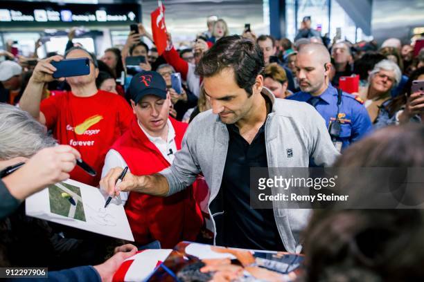 Roger Federer arrives at Airport Kloten with his trophy after winning the 2018 Australian Open Men's Singles Final on January 30, 2018 in Zurich,...